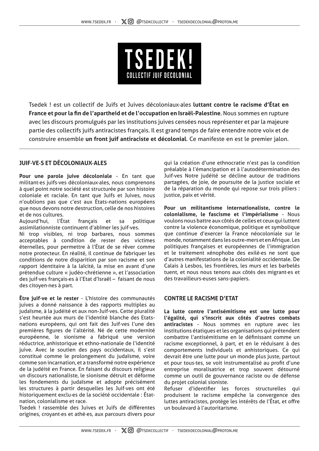 Première page du manifeste de Tsedek